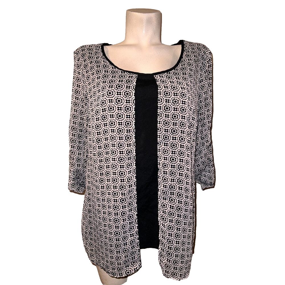 MILANO Top Women's Size L Black White 3/4 Roll Tab Sleeve Layered Blouse Shirt